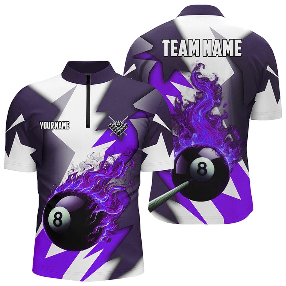 Custom Purple Flaming 8 Ball Pool Jersey Jersey Shirt Team League Billiard Shirts, Personalized Billiard Team Jersey Shirt