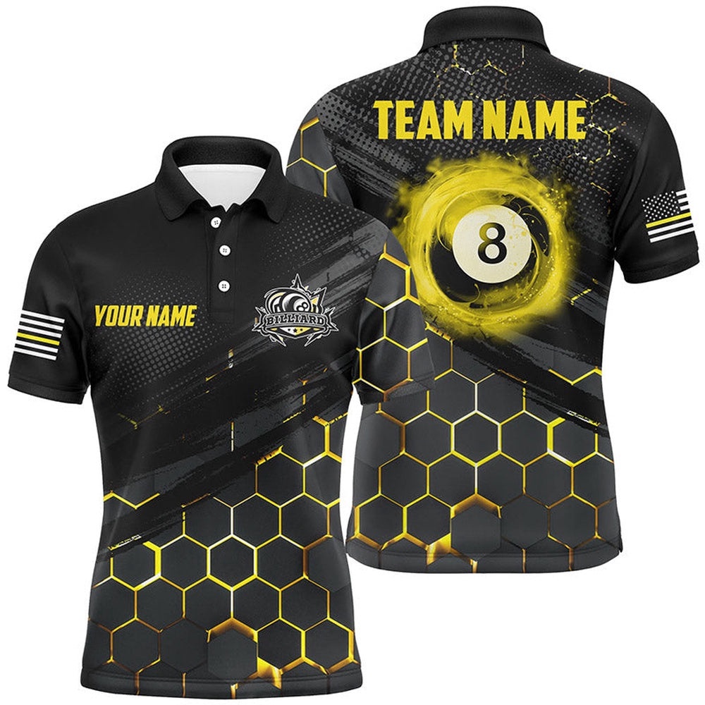 Custom Yellow And Black 8 Ball Pool Polo Shirts Best Billiard Shirts Design For Player, Personalized Billiard Polo Shirt