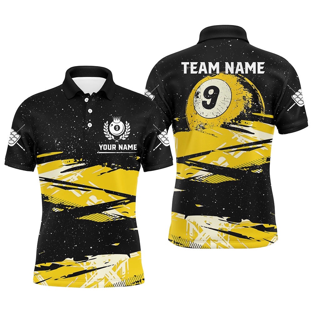 Custom Yellow Grunge Billiard 9 Ball Pool Polo Polo Shirts, 9 Ball Billiard Polo, Personalized Billiard Polo Shirt