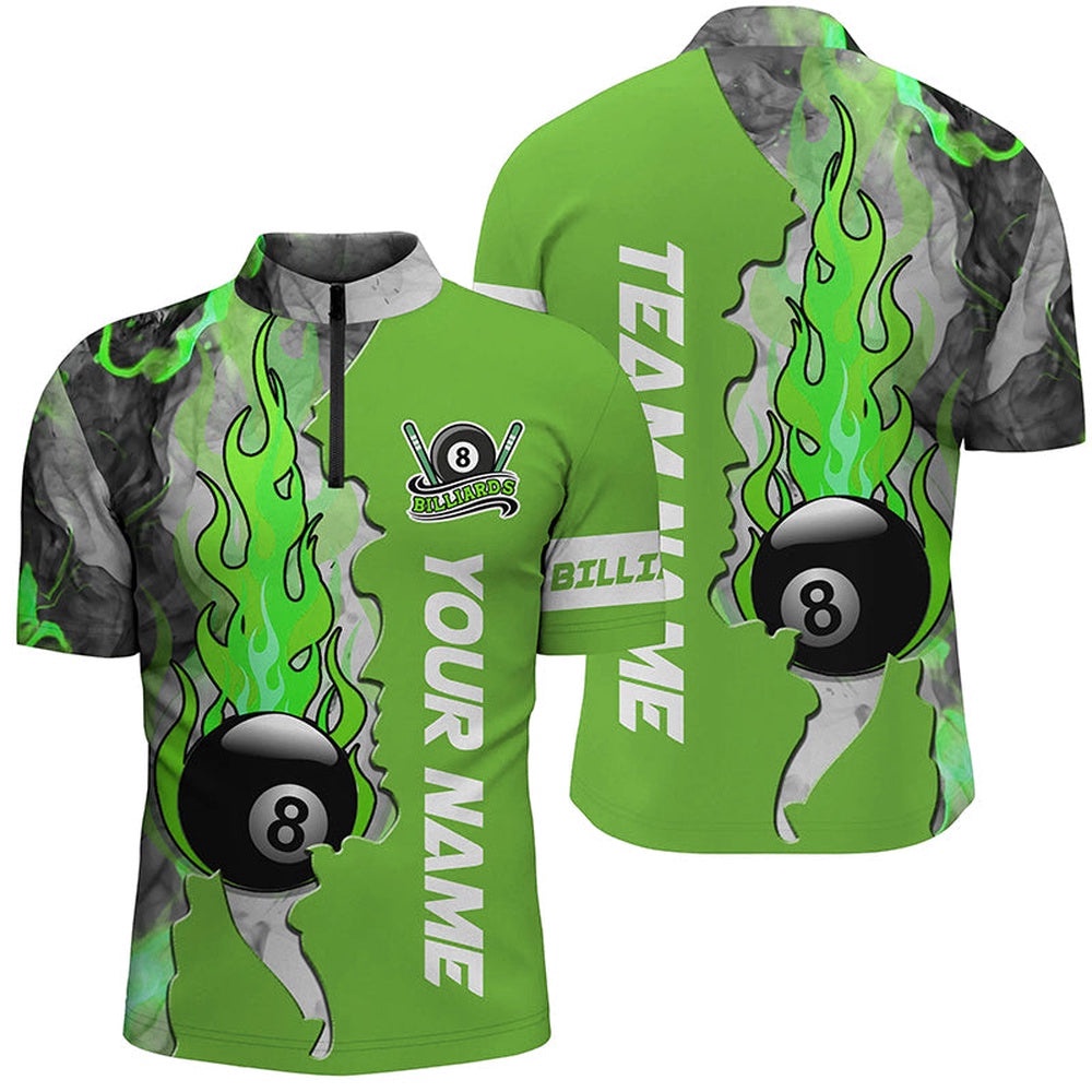 Customized 8 Ball Fire Smoke Green Billiard Jersey Shirts Custom Billiard Attire, Personalized Billiard Team Jersey Shirt
