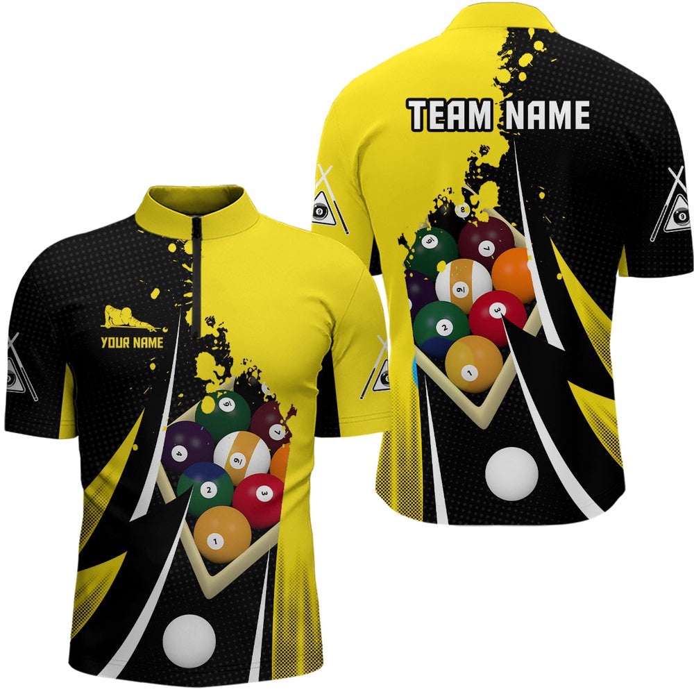 Customized 9 Ball Pool Billiard Balls 3D Black Yellow Jersey Shirts, Personalized Billiard Team Jersey Shirt