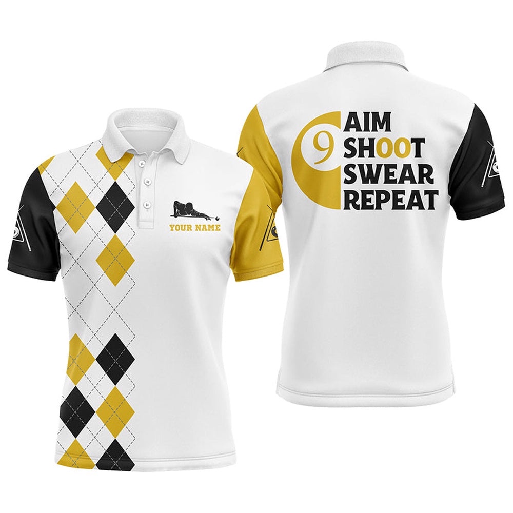 Customized Aim Shoot Swear Repeat 9 Ball Pool Yellow Billiards Team Shirts, Personalized Billiard Polo Shirt Customized Aim Shoot Swear Repeat 9 Ball Pool Yellow Billiards Team Shirts, Personalized Billiard Polo Shirt