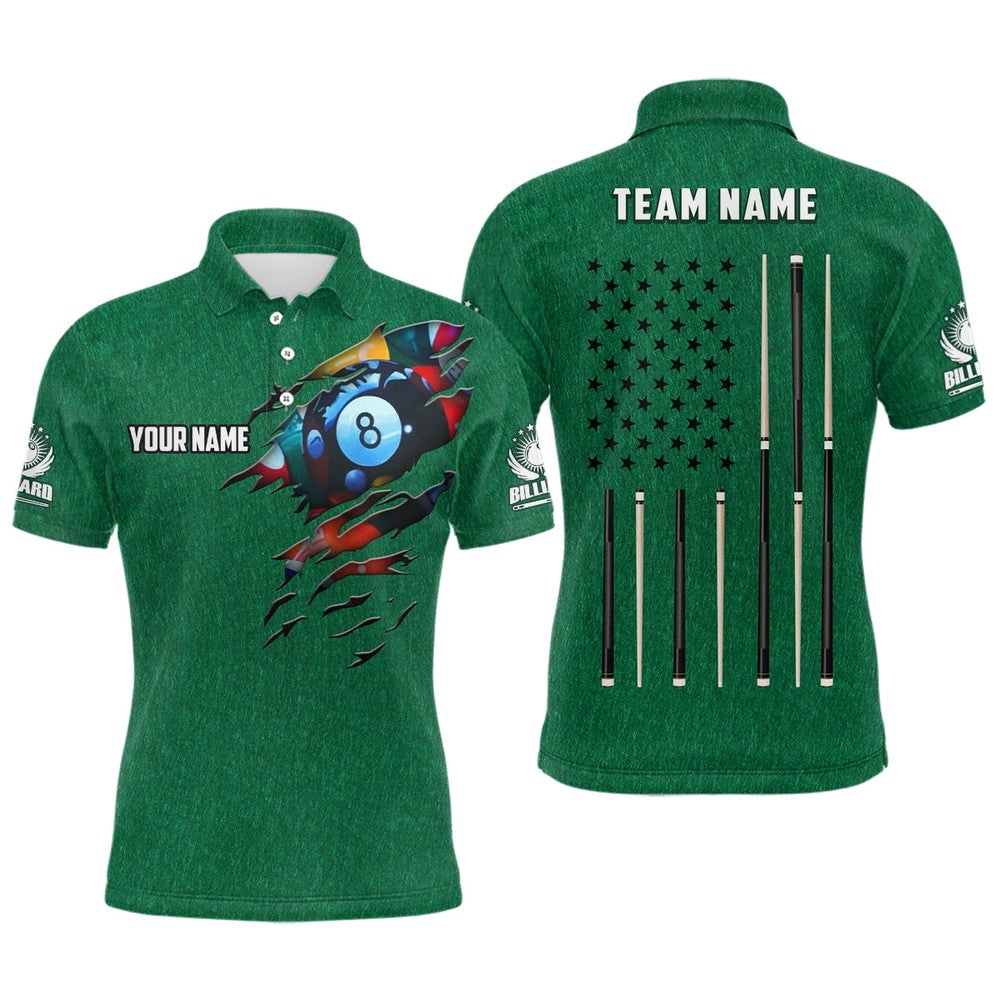 Customized Billiard Green American Flag Polo Shirts, Custom 8 Ball Unique Billiard Shirts, Personalized Billiard Polo Shirt Customized Billiard Green American Flag Polo Shirts, Custom 8 Ball Unique Billiard Shirts, Personalized Billiard Polo Shirt