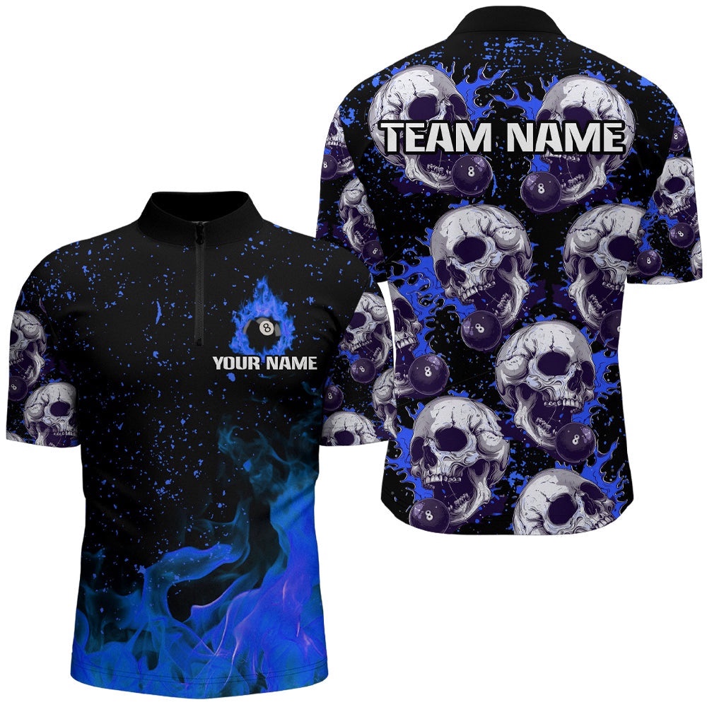 Customized Blue Billiard Skull Fire 8 Ball Jersey & Jersey Shirts, Grunge Pool Team Jerseys, Personalized Billiard Team Jersey Shirt
