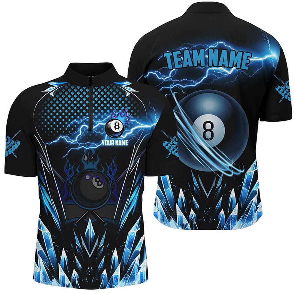 Customized Blue Icy Lightning 8 Ball Pool Jersey Shirt, Billiard Team League Jersey, Personalized Billiard Team Jersey Shirt