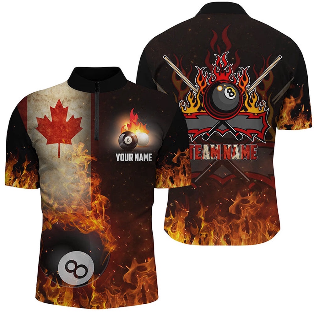 Customized Canadian Flag 8 Ball Pool On Fire 3D Billiards Team Shirts, Personalized Billiard Team Jersey Shirt