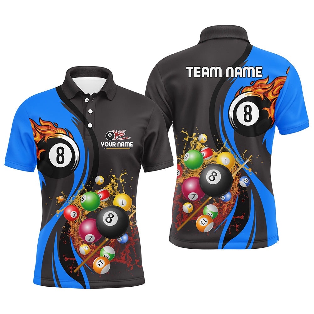Customized Fire And Water 8 Ball Pool Billiard Balls Blue Polo Shirts, Personalized Billiard Polo Shirt
