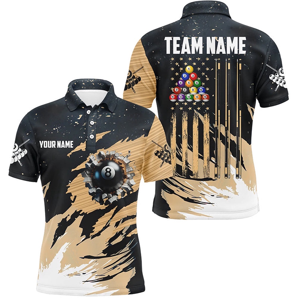 Customized Grunge American Flag 8 Ball Pool Billiard Shirts, Patriotic Pool Player Shirts, Personalized Billiard Polo Shirt
