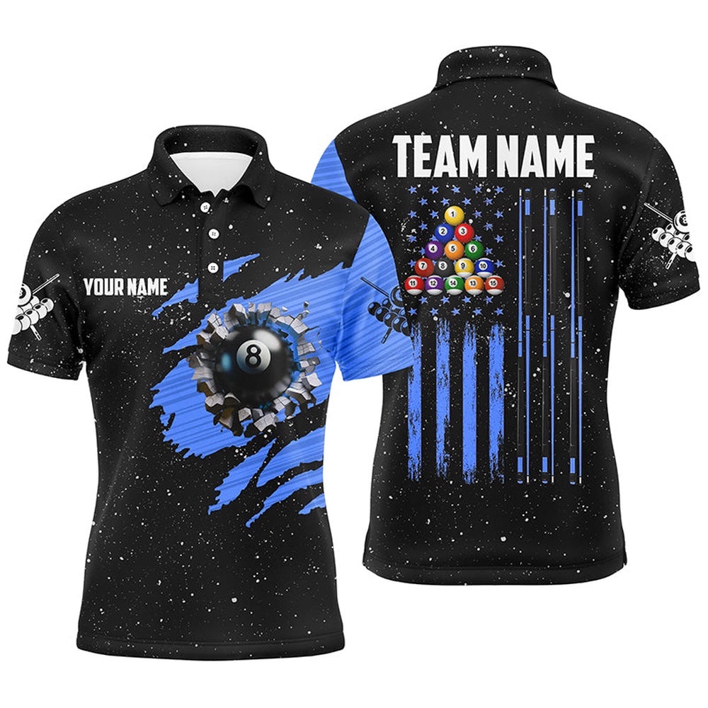 Customized Grunge American Flag 8 Ball Pool Pool Player Shirts Blue, Personalized Billiard Polo Shirt Customized Grunge American Flag 8 Ball Pool Pool Player Shirts Blue, Personalized Billiard Polo Shirt