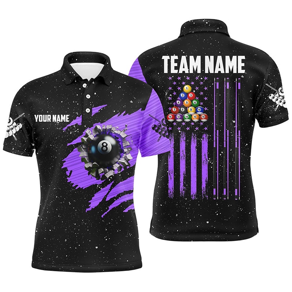 Customized Grunge American Flag 8 Ball Pool Pool Player Shirts Purple, Personalized Billiard Polo Shirt