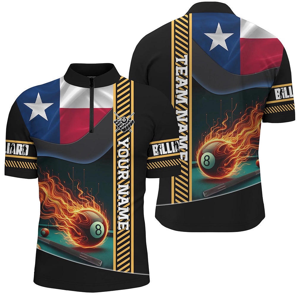 Customized Texas Flag Flame 8 Ball Pool Jersey Shirt, Patriotic Billiard Jerseys, Personalized Billiard Team Jersey Shirt