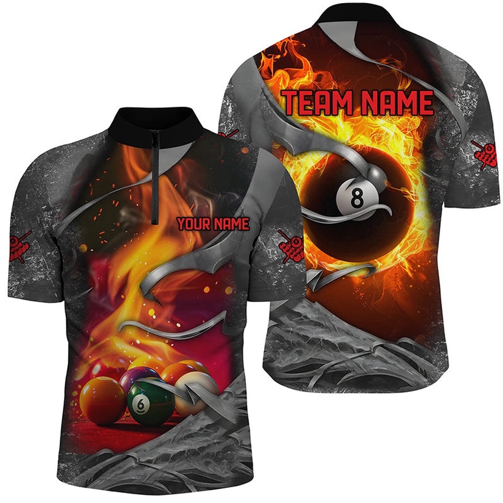 Dark Grey 8 Ball Pool Fire Flame 3D Printed Billiard Shirts Custom Billiard Balls Team Jerseys, Personalized Billiard Team Jersey Shirt