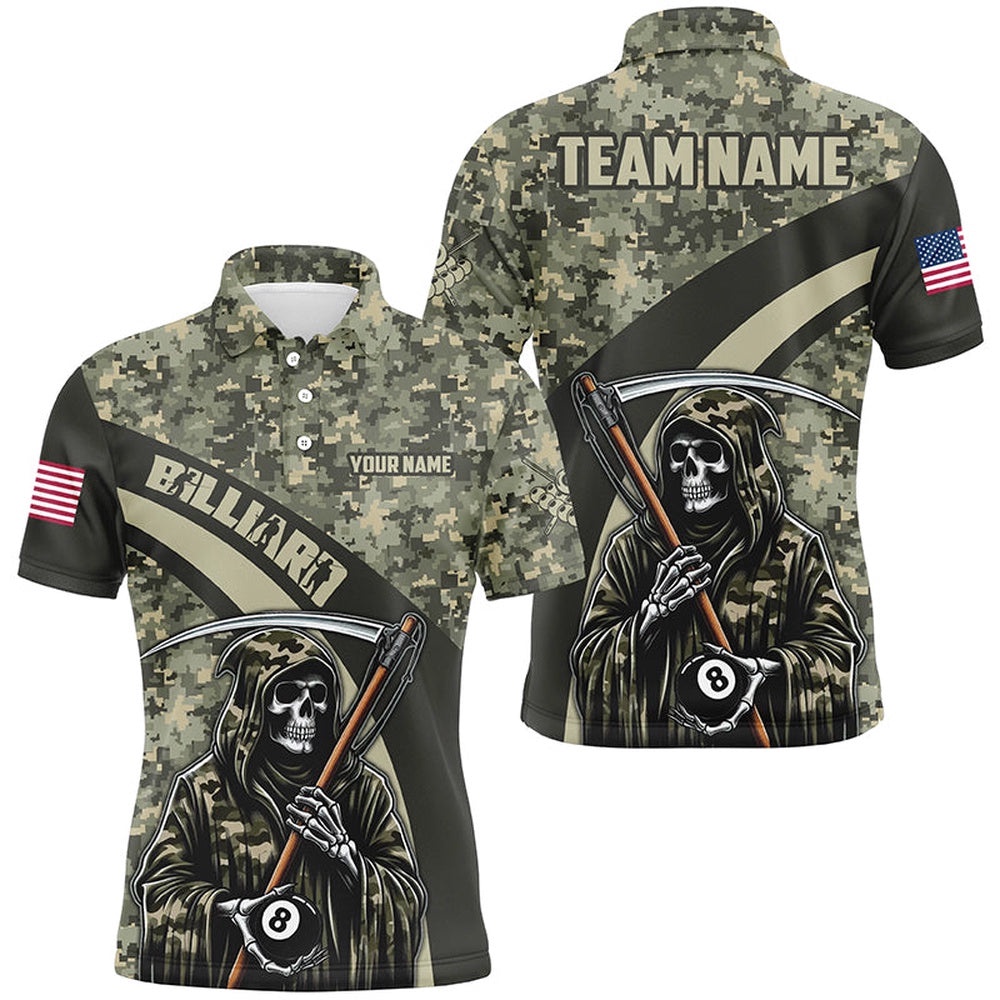 Death Skeleton Green Camo Billiard Shirts Custom Military Billiard Polo, Personalized Billiard Polo Shirt