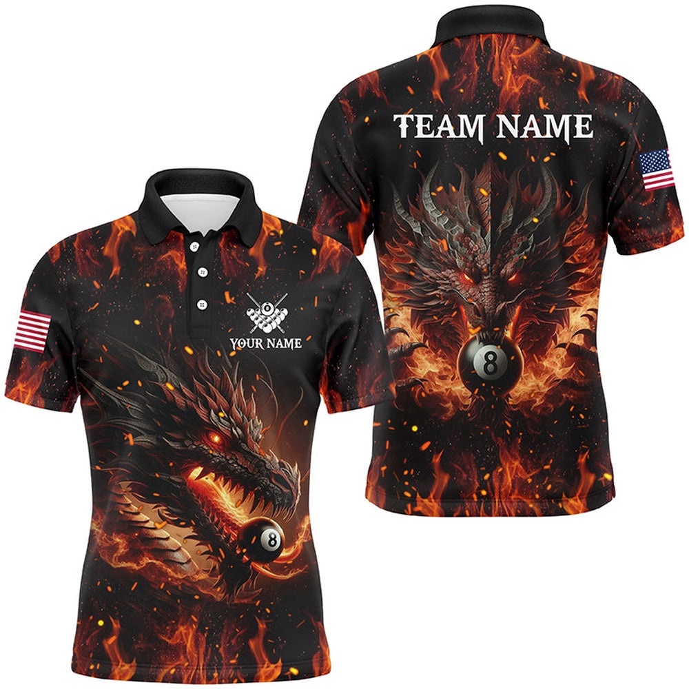 Dragon 8 Ball Pool Fire Flame Polo & Polo Shirts, Unique Billiard Attire, Personalized Billiard Polo Shirt