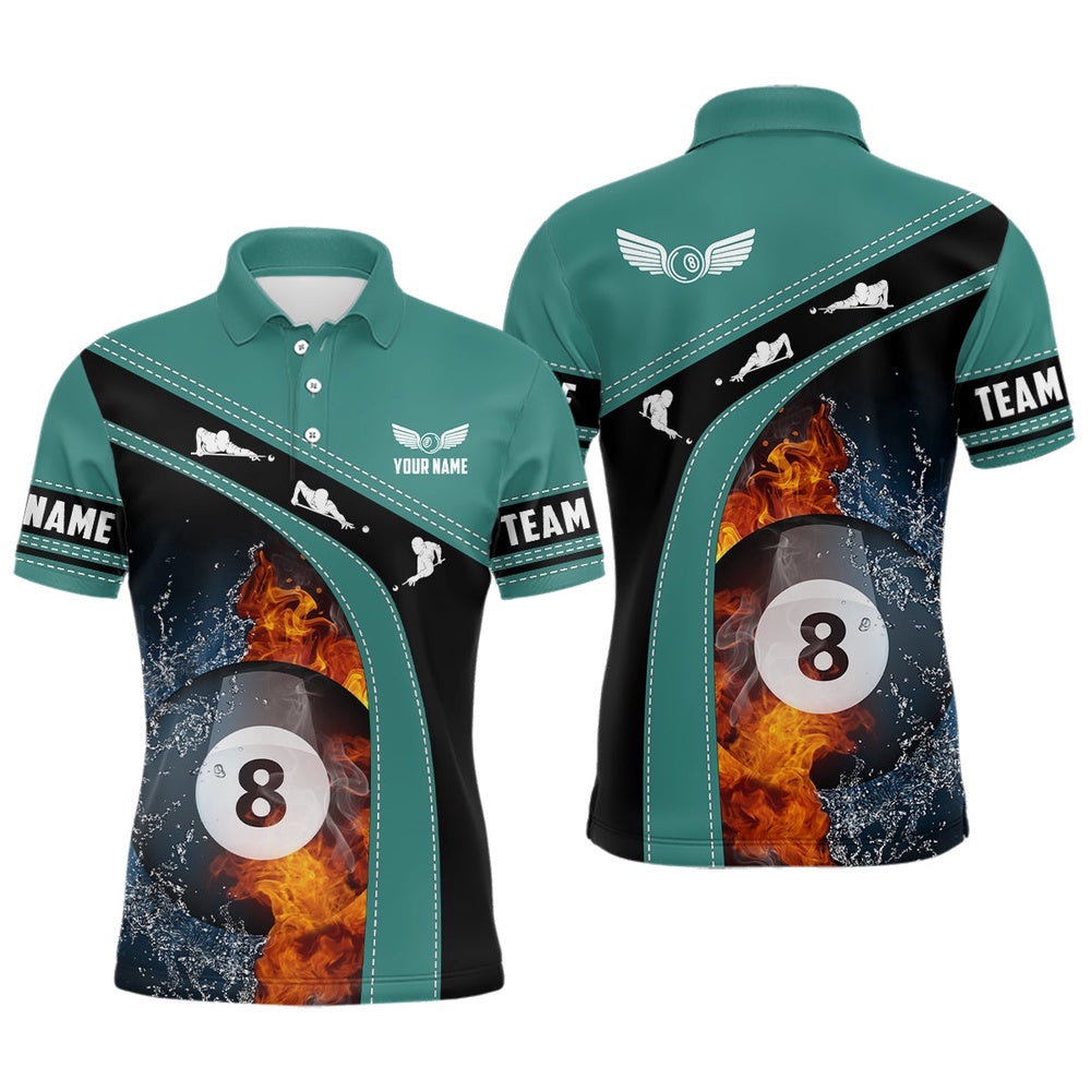 Fire And Water 8 Ball Billiard Green Black 3D Polo Shirts, Billiards Polo, Personalized Billiard Polo Shirt