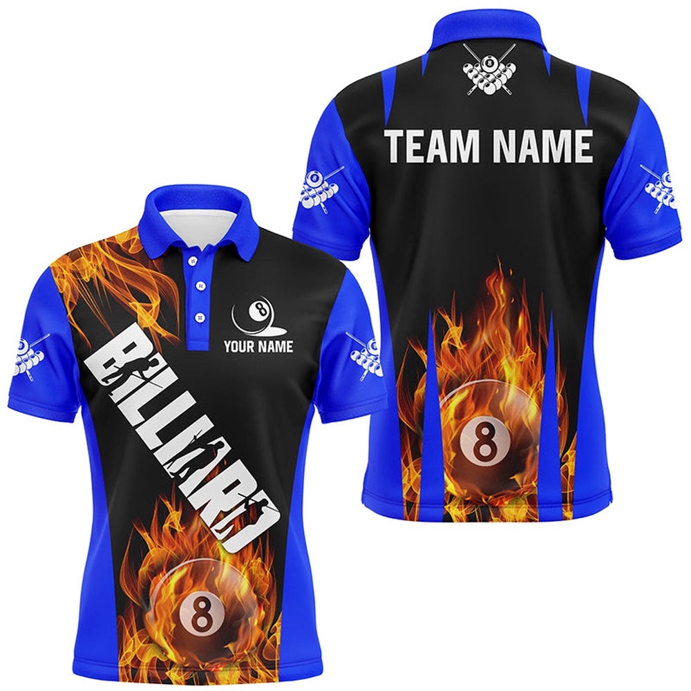 Flame 8 Ball Pool Fire Billiard Shirts Custom Blue And Black Billiard Polo, Personalized Billiard Polo Shirt
