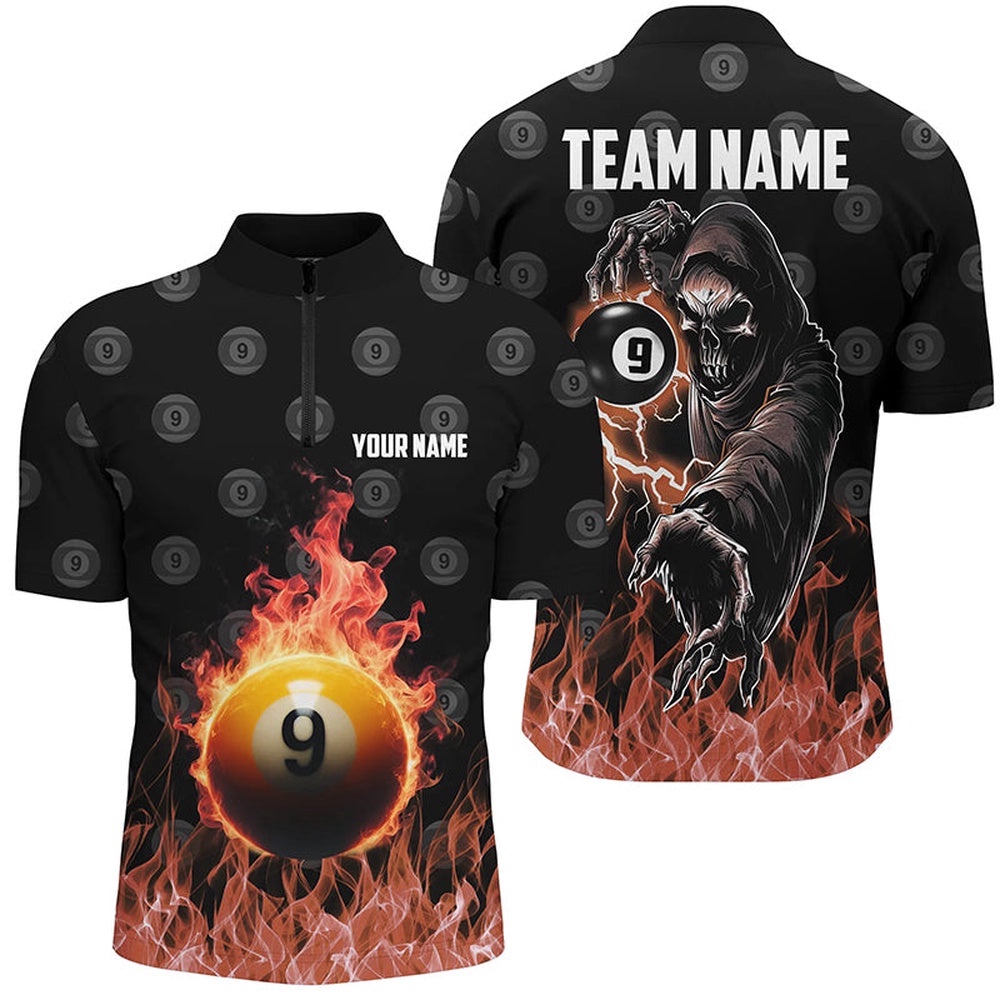 Flame 9 Ball Pool Pattern Billiard Jersey Shirts Custom Skull Billiard Shirts, Personalized Billiard Team Jersey Shirt