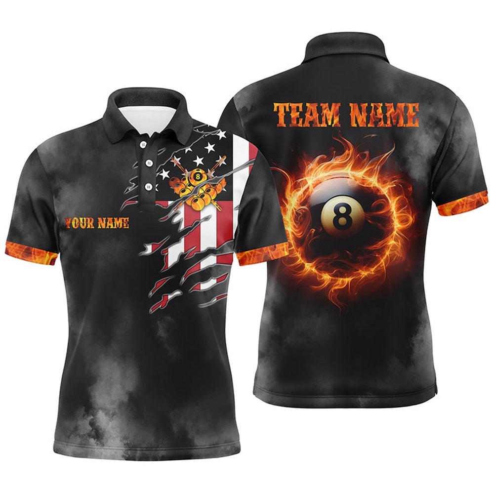 Flaming 8 Ball Pool Billiard Polo Shirts Custom Us Flag For Billiard Lover, Personalized Billiard Polo Shirt