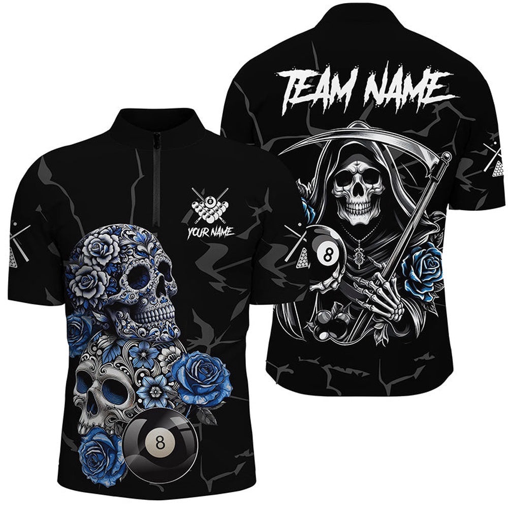Funny Blue Skull Roses 8 Ball Billiard Shirts Custom Pool Team Shirts Designs, Personalized Billiard Team Jersey Shirt Funny Blue Skull Roses 8 Ball Billiard Shirts Custom Pool Team Shirts Designs, Personalized Billiard Team Jersey Shirt