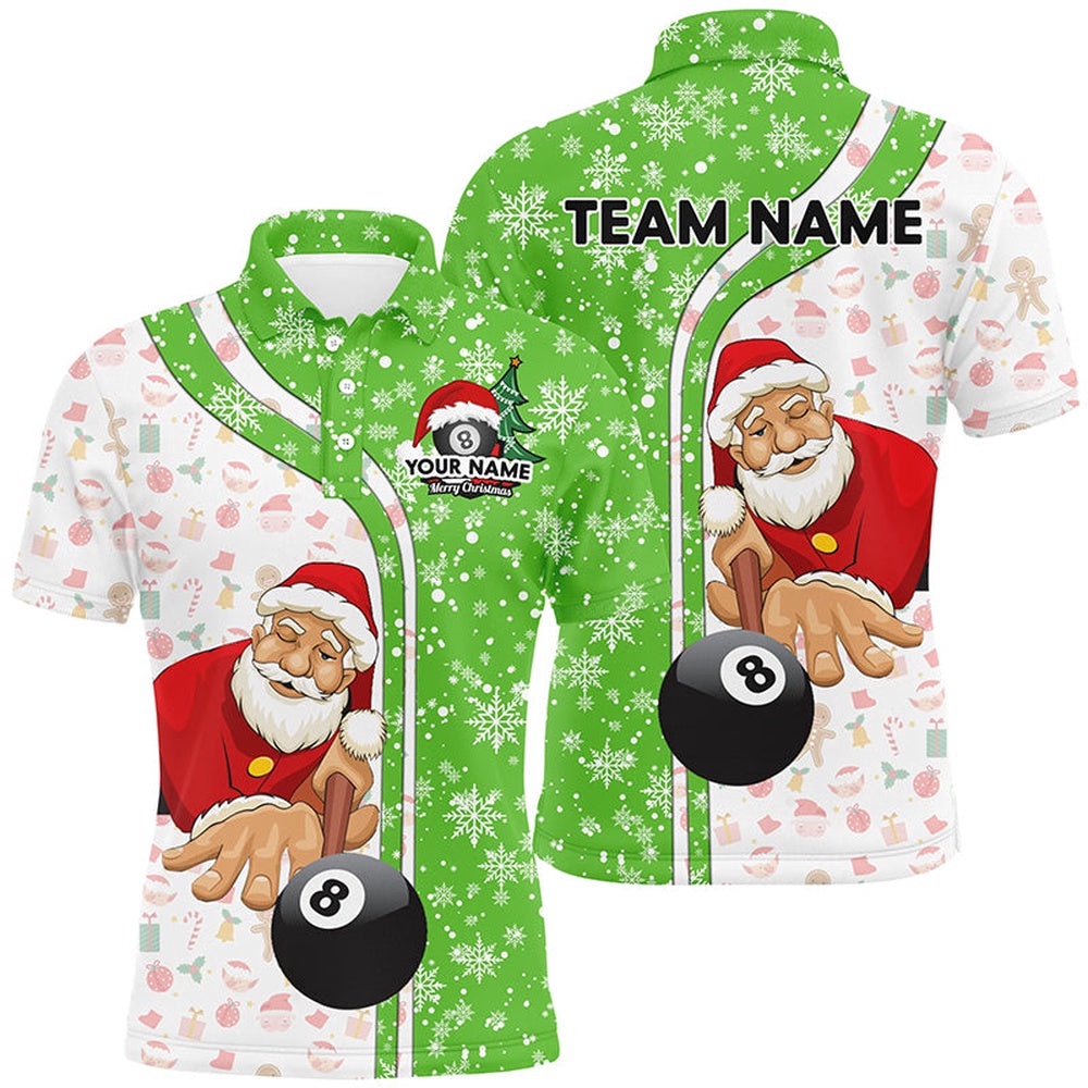 Funny Christmas Santa Play Pool Green Billiard 8 Ball Snowflake Polo Shirts, Personalized Billiard Polo Shirt