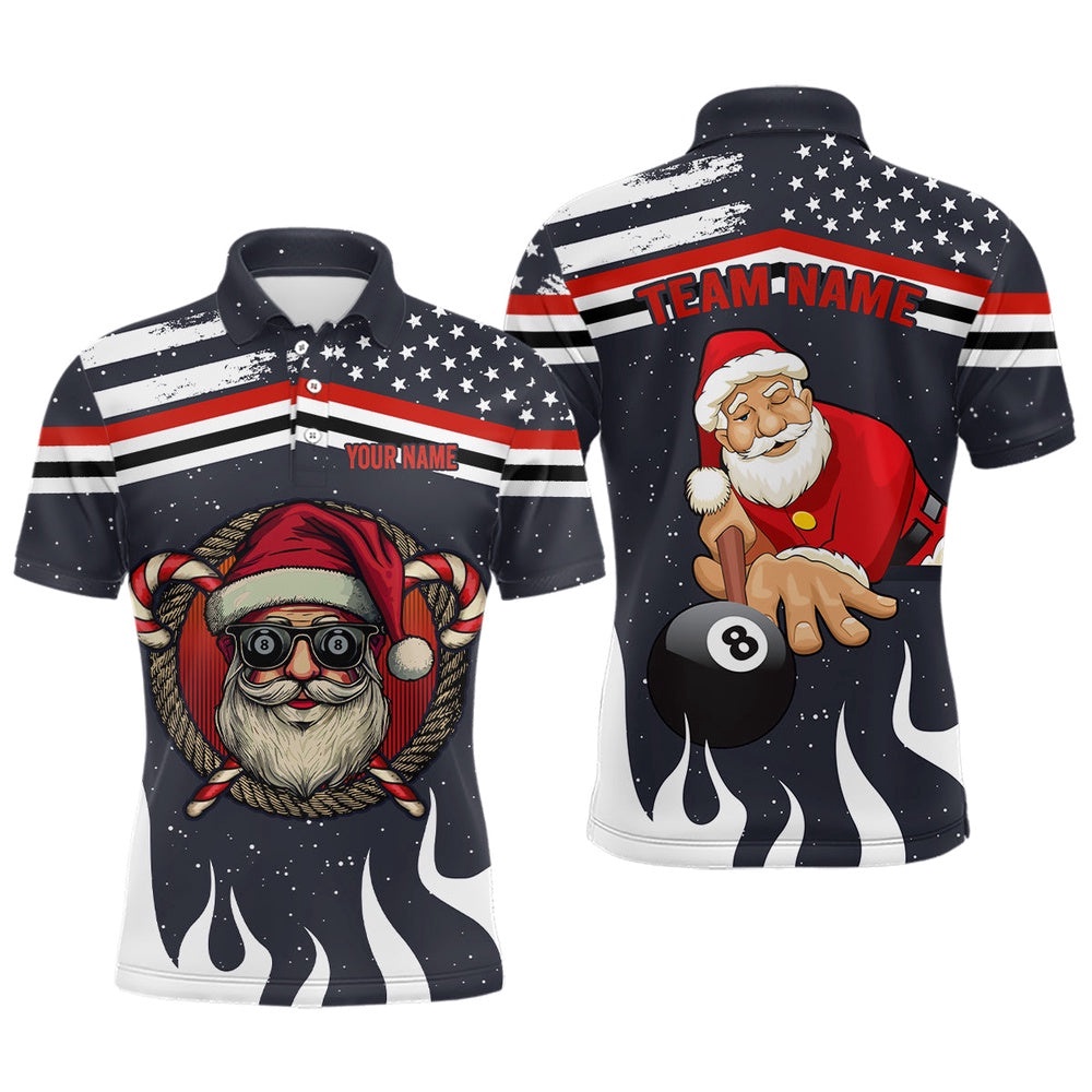 Funny Christmas Shirts Santa Playing Billiard Custom Us Flag Fire Polo Shirts, Personalized Billiard Polo Shirt