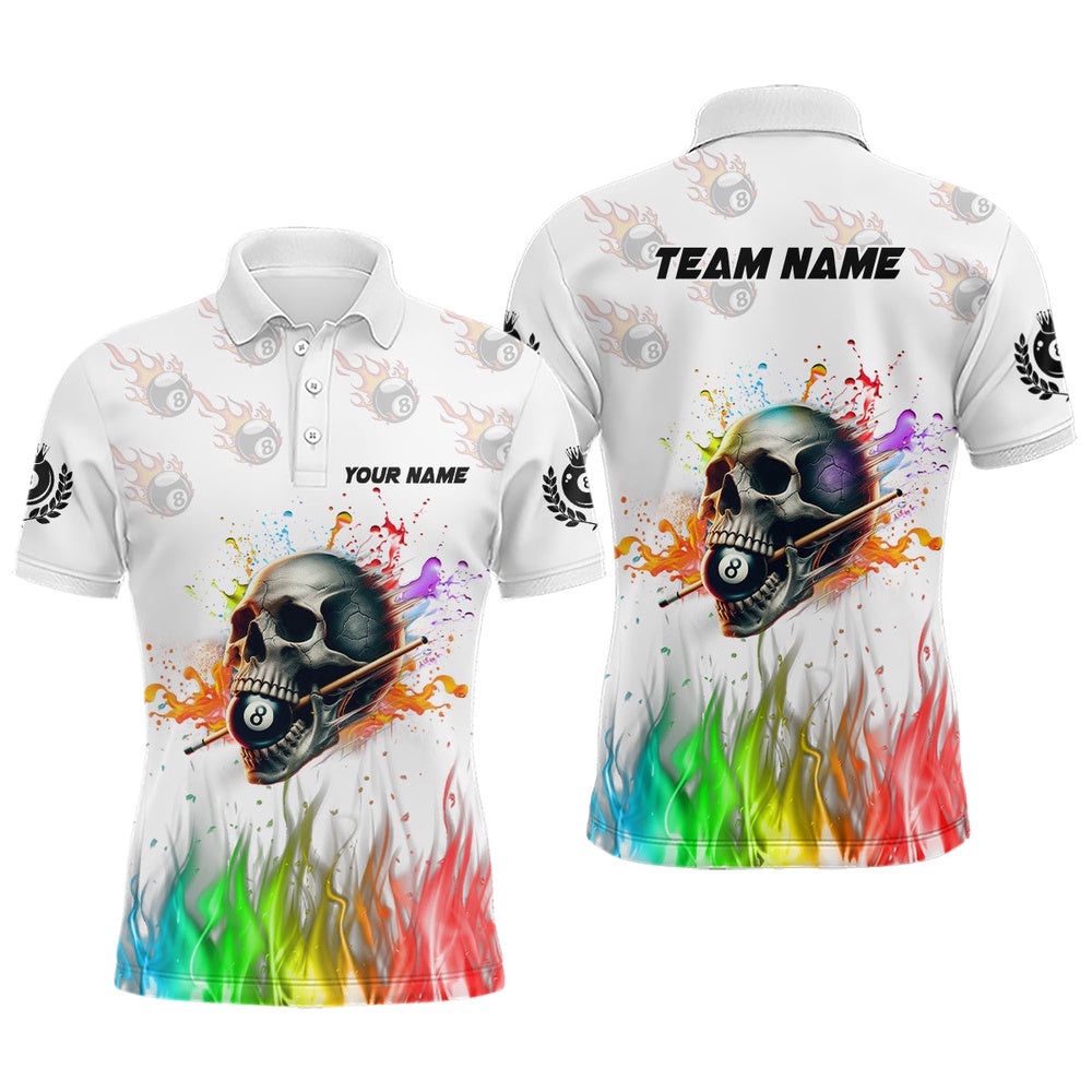 Funny Colorful Billiard Skull Polo Shirts, Custom Team Name Billiard Attire, Personalized Billiard Polo Shirt Funny Colorful Billiard Skull Polo Shirts, Custom Team Name Billiard Attire, Personalized Billiard Polo Shirt