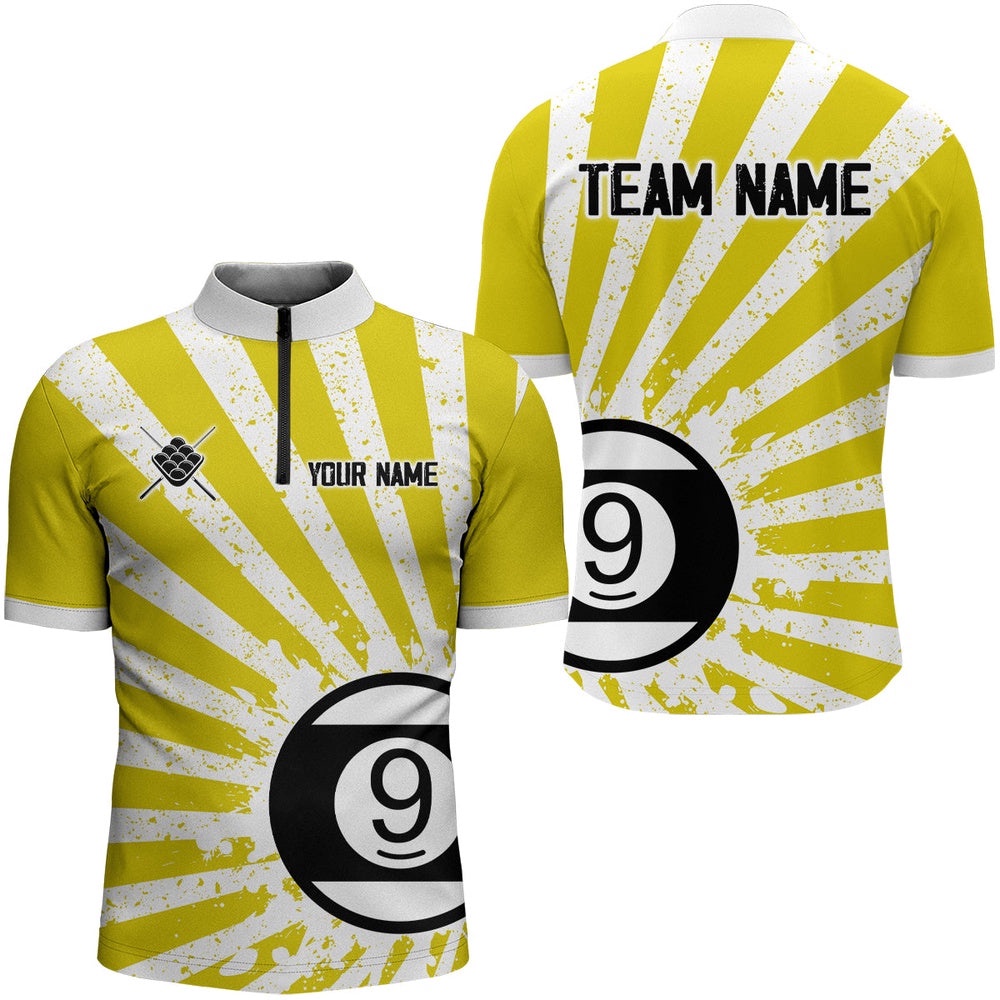 Funny Grunge Billiard 9 Ball Jersey & Jersey Shirts Custom Yellow 9 Ball Pool Jerseys Attire, Personalized Billiard Team Jersey Shirt