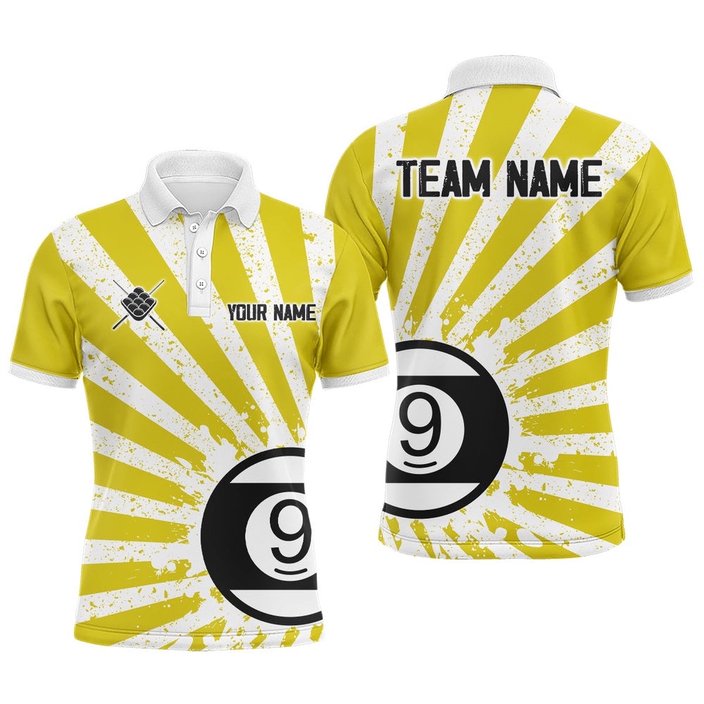 Funny Grunge Billiard 9 Ball Polo & Polo Shirts Custom Yellow 9 Ball Pool Polo Attire, Personalized Billiard Polo Shirt