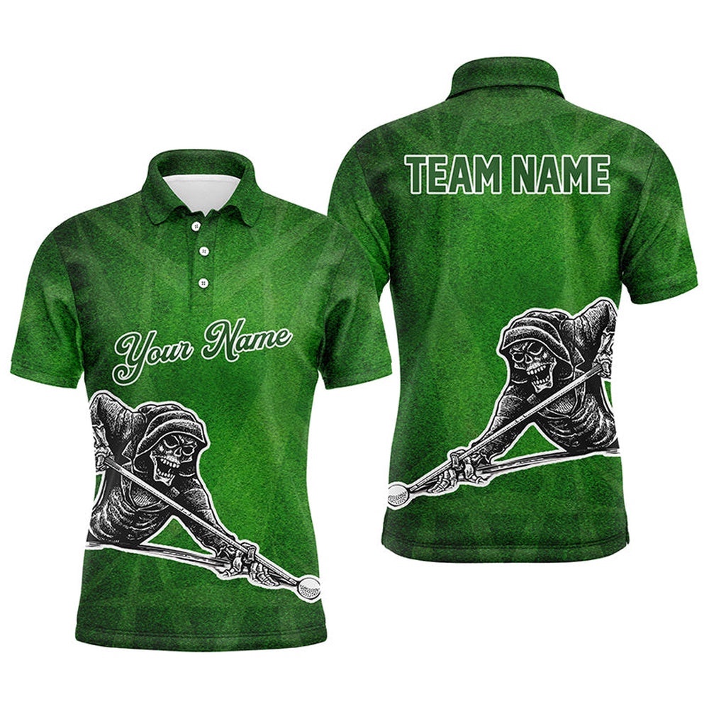Green 3D Pattern Design A Skeleton Playing Billiards 3D Polo Shirts, Personalized Billiard Polo Shirt