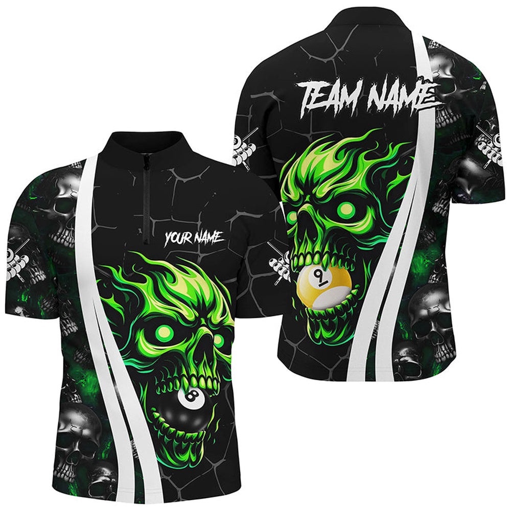 Green Billiard Skull 8 Ball & 9 Ball Custom Pool Shirts, Unique Team Billiard Jersey Design, Personalized Billiard Team Jersey Shirt