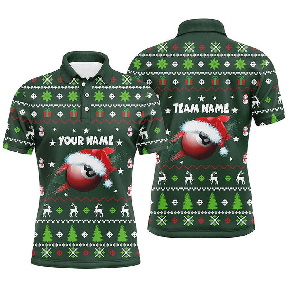 Green Red Christmas 8 Ball Christmas Billiards Polo, Personalized Billiard Polo Shirt