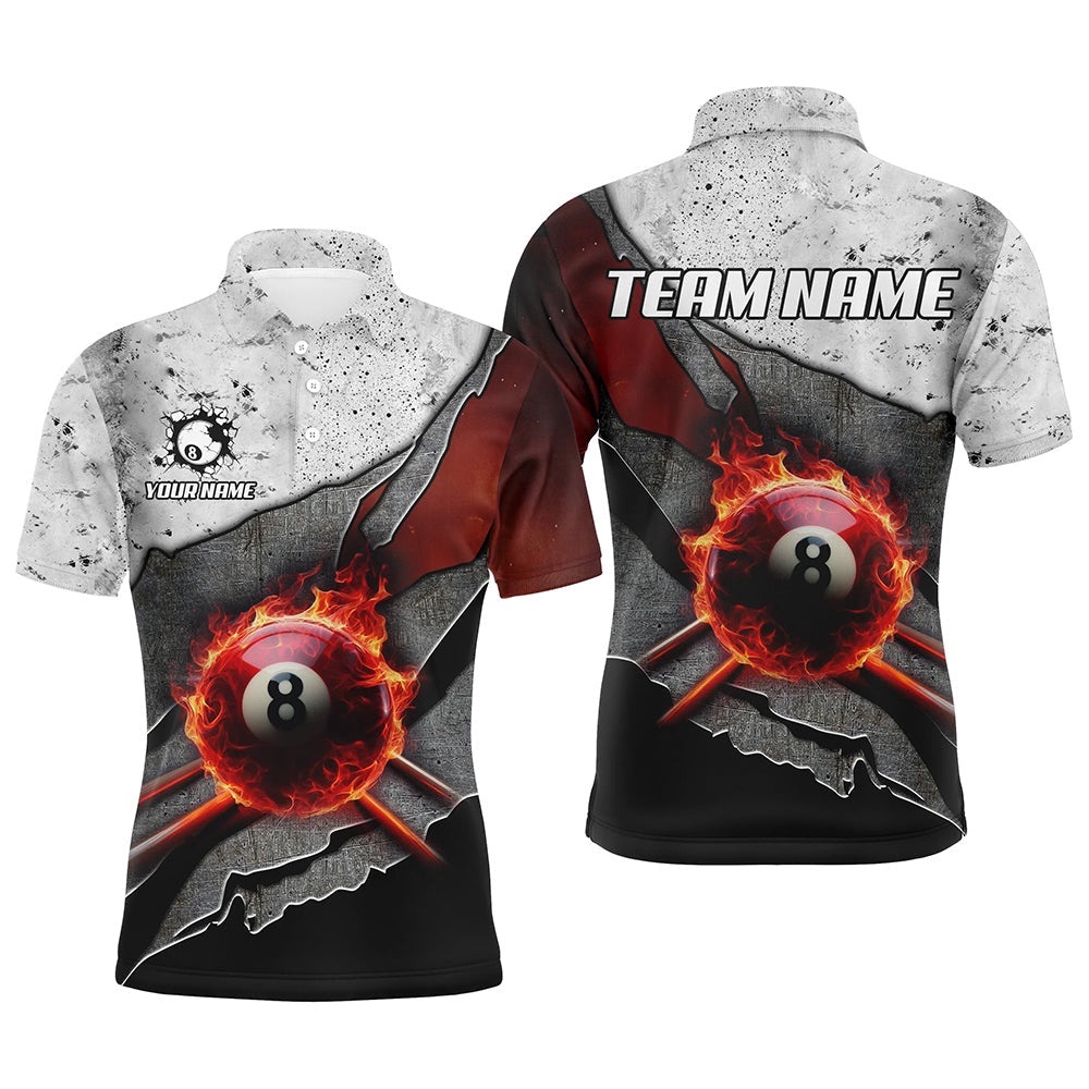 Grey Grunge Fire 8 Ball Pool Cue Billiard Shirts Custom Billiard Polo For Pooler, Personalized Billiard Polo Shirt Grey Grunge Fire 8 Ball Pool Cue Billiard Shirts Custom Billiard Polo For Pooler, Personalized Billiard Polo Shirt