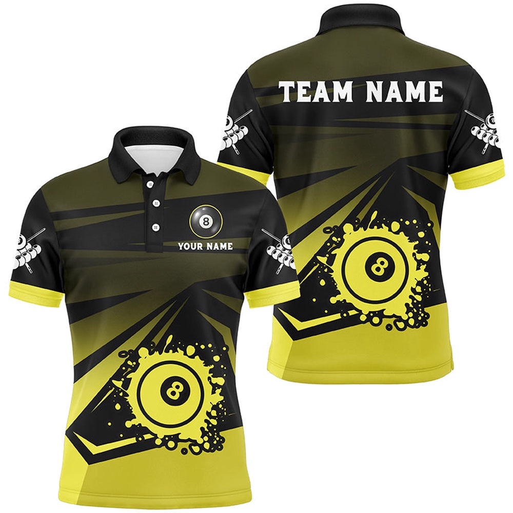 Grunge 8 Ball Pool Billiard Shirts Custom Name Yellow Black Billiard Polo, Personalized Billiard Polo Shirt Grunge 8 Ball Pool Billiard Shirts Custom Name Yellow Black Billiard Polo, Personalized Billiard Polo Shirt