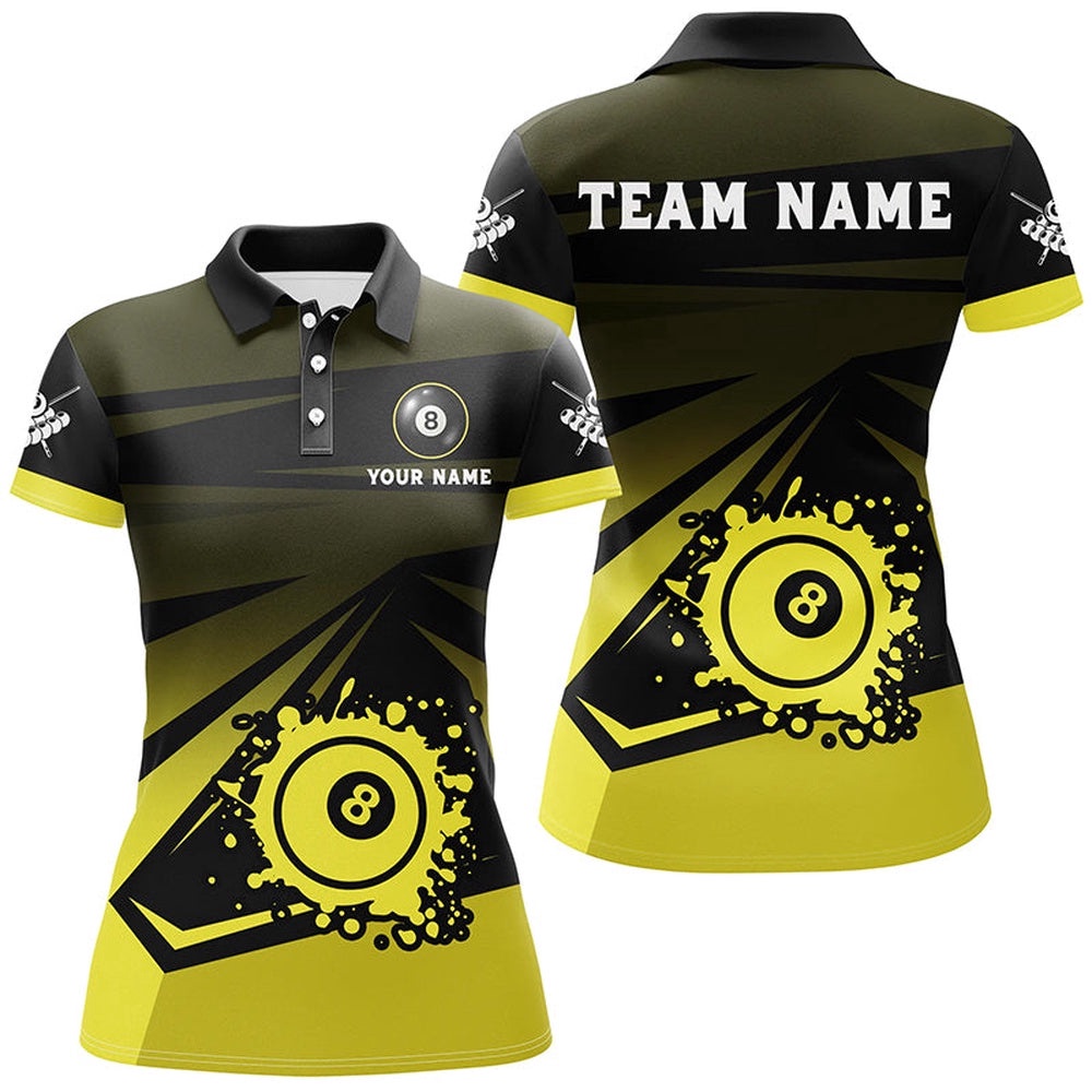Grunge 8 Ball Pool Billiard Shirts For Ladies Custom Name Yellow Black Billiard Polo, Personalized Billiard Polo Shirt Grunge 8 Ball Pool Billiard Shirts For Ladies Custom Name Yellow Black Billiard Polo, Personalized Billiard Polo Shirt