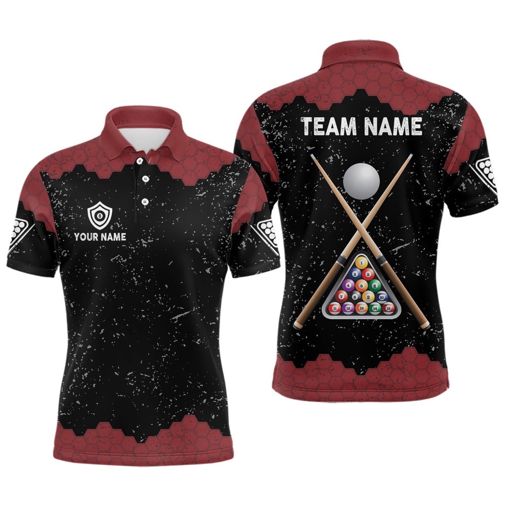 Grunge Black Red Billiards And Cue Polo Shirts Custom Billiards Team Shirts, Personalized Billiard Polo Shirt