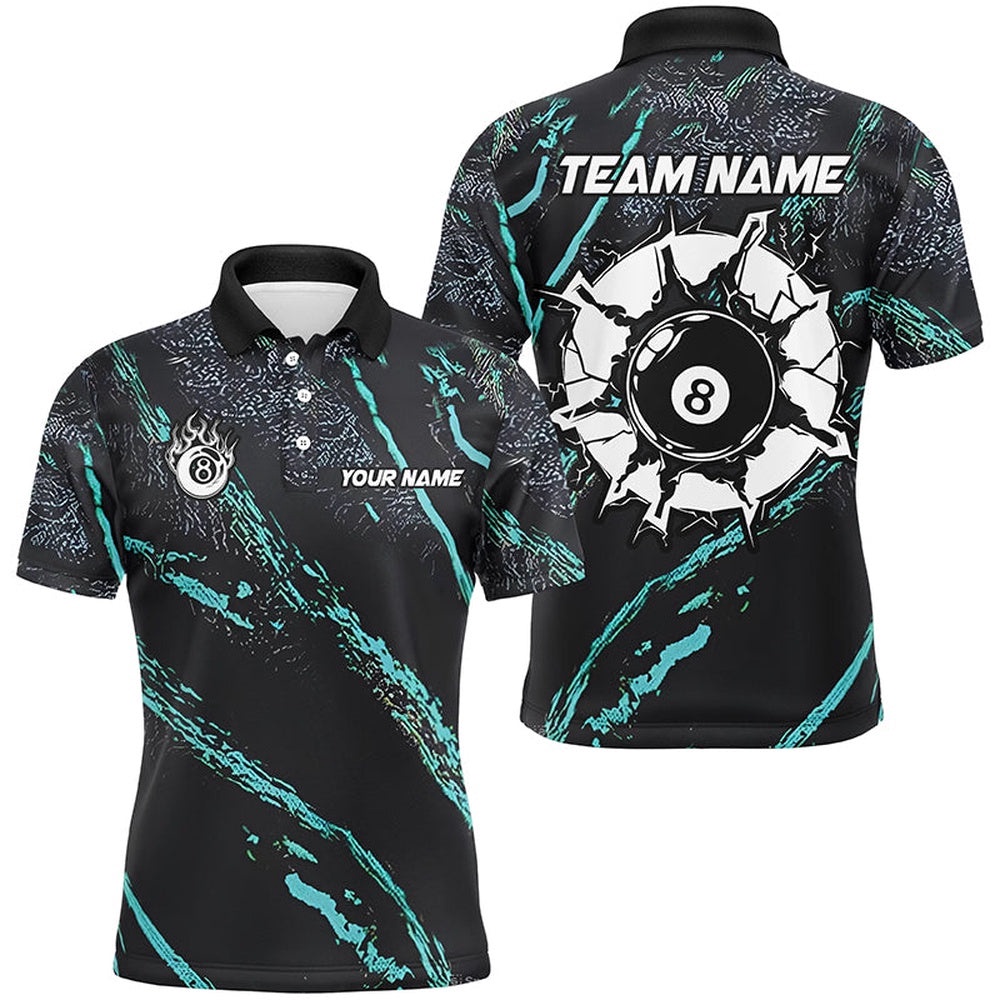 Grunge Turquoise 8 Ball Billiard Shirts Custom 8 Ball Pool Team Polo, Personalized Billiard Polo Shirt Grunge Turquoise 8 Ball Billiard Shirts Custom 8 Ball Pool Team Polo, Personalized Billiard Polo Shirt