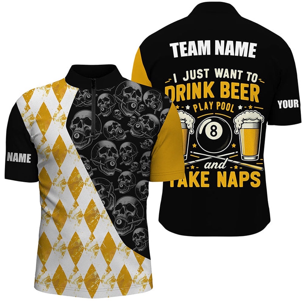 I Just Want To Drink Beer Billiard Shirt Custom Yellow Argyle Skull Pattern Billiard Jersey, Personalized Billiard Team Jersey Shirt