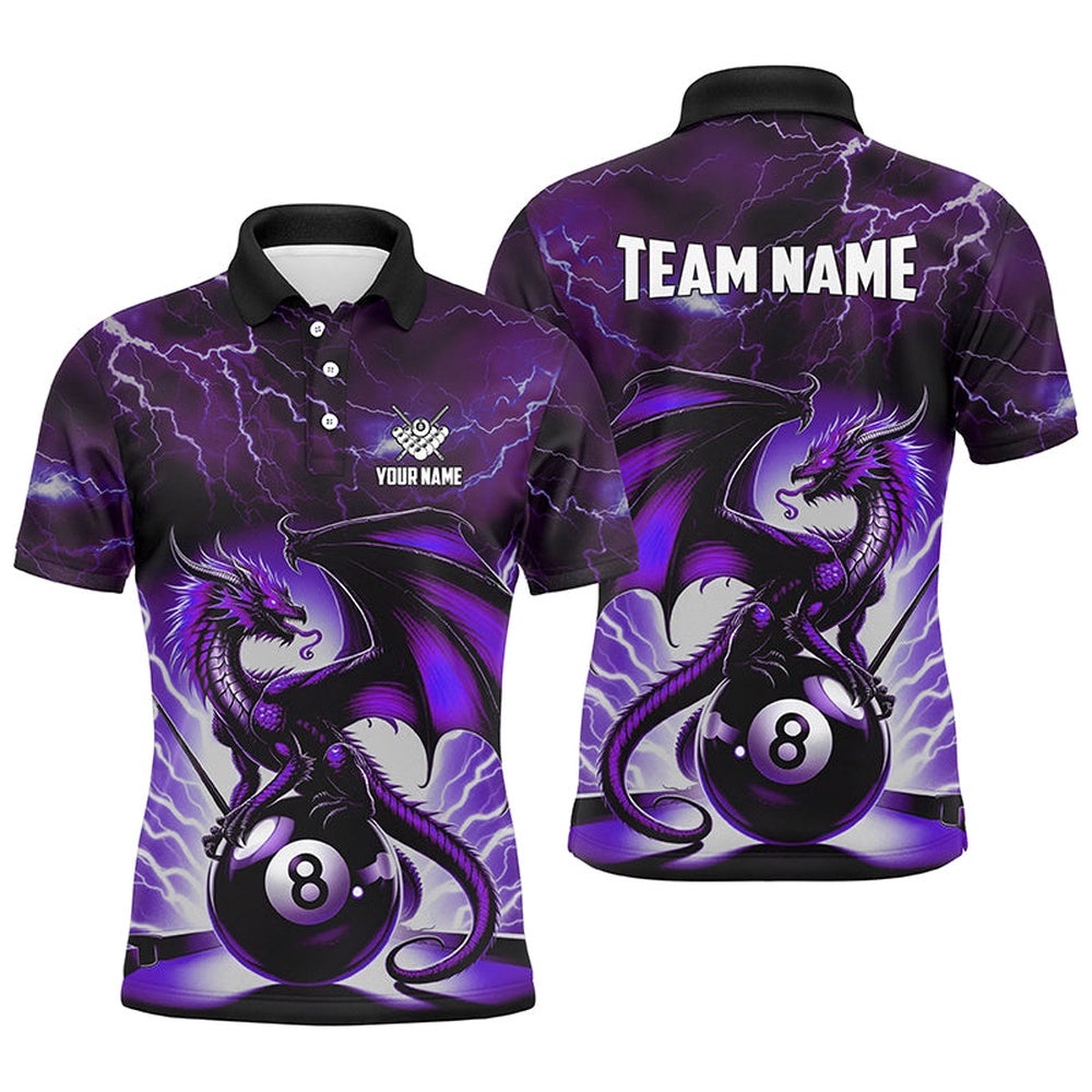 Lightning Thunder Dragon Custom Purple 8 Ball Pool Shirts, Billiard Team League Polo, Personalized Billiard Polo Shirt