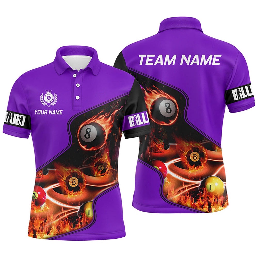 Master Billiard Balls Flame 3D Polo Shirts, Purple Billiard Polo For Pool Player, Personalized Billiard Polo Shirt