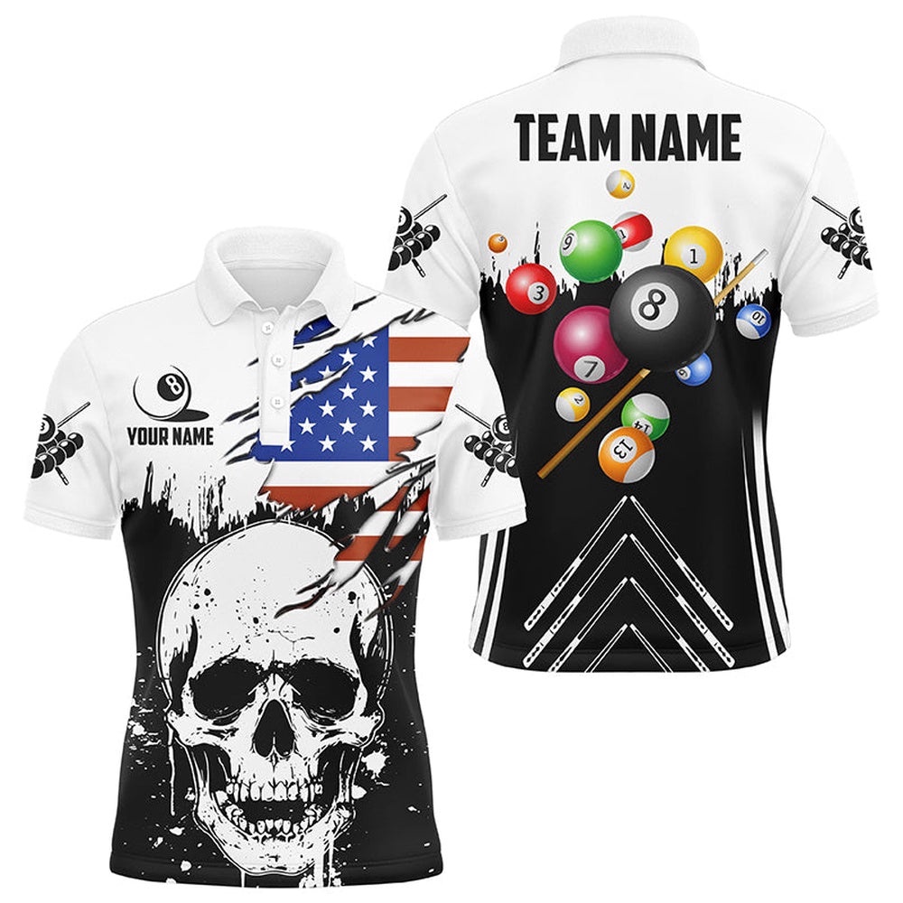 Multi-Color Billiard Grunge Skull Custom US Flag Patriotic Billiard Balls Shirts Polo, Personalized Billiard Polo Shirt
