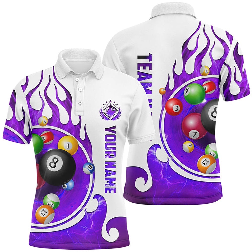 Name Billiard Fire Polo Shirts Custom Team Name Billiard Shirt Design Purple, Personalized Billiard Polo Shirt