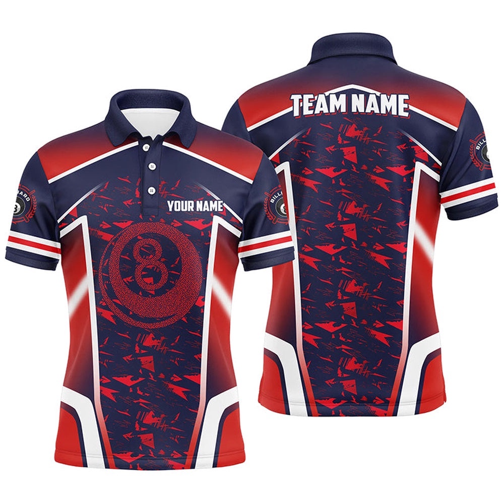 Name Red 8 Ball Pool Abstract 3D Billiard Shirts Team League Billiard Polo, Personalized Billiard Polo Shirt