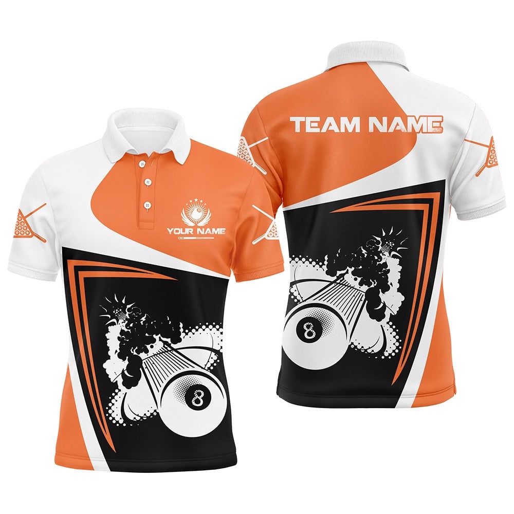 Orange Billiards Boom 8 Ball Custom Name Polo Shirts, Best Custom Funny Billiards Shirts, Personalized Billiard Polo Shirt