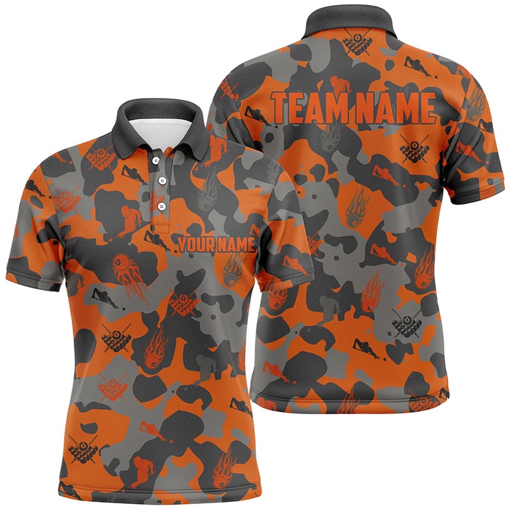 Orange Camouflage Billiard Polo Shirts Best Custom Billiard Team Outfit, Personalized Billiard Polo Shirt