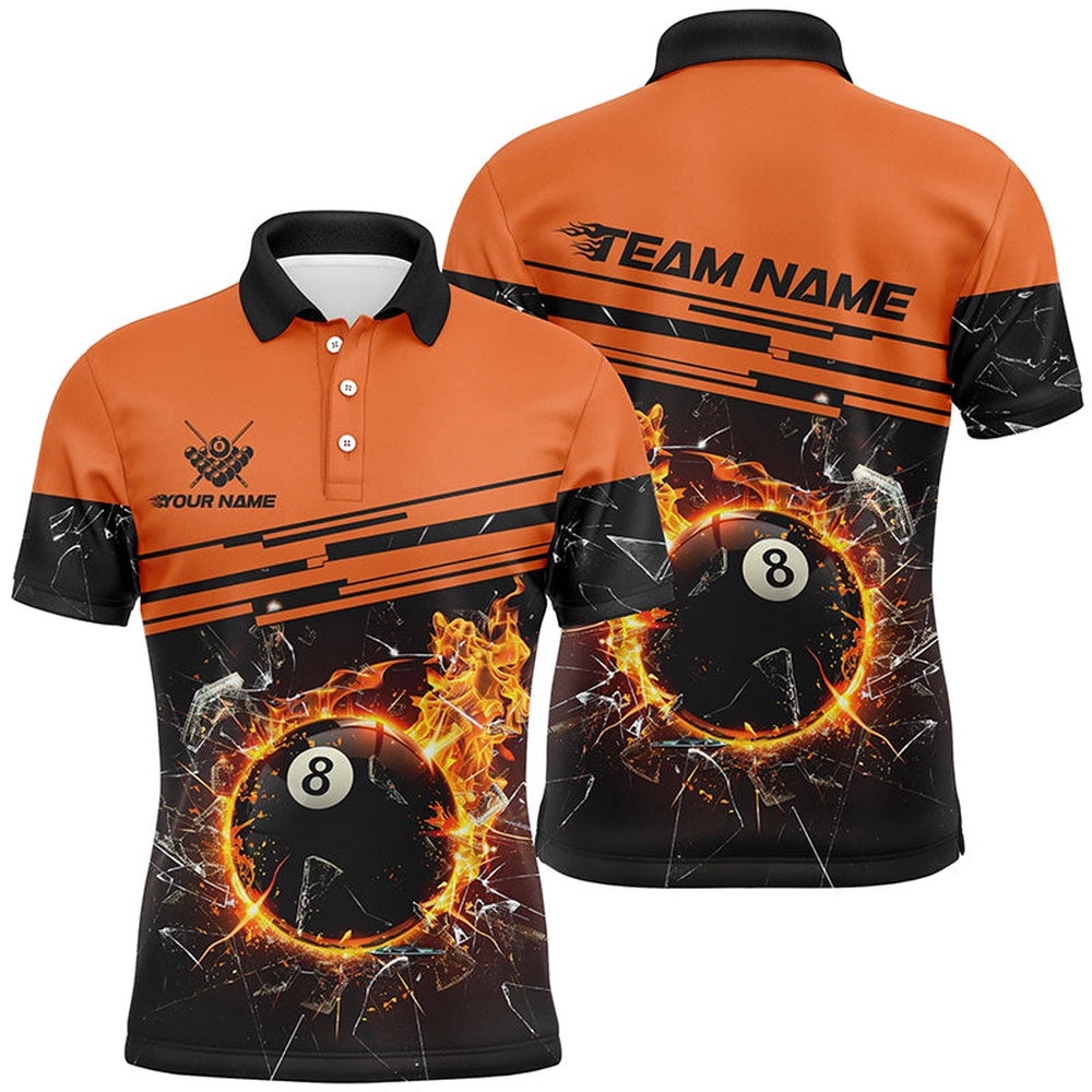 Orange Funny 8 Ball Pool Fire Break Glass Custom Billiard Shirt 3D Printed Billiard Team Polo, Personalized Billiard Polo Shirt Orange Funny 8 Ball Pool Fire Break Glass Custom Billiard Shirt 3D Printed Billiard Team Polo, Personalized Billiard Polo Shirt