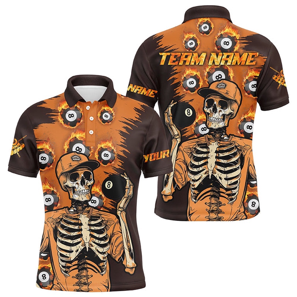 Orange Funny Skeleton With 8 Ball Pool Billiard Shirts, 8 Ball Fire Pool Polo, Personalized Billiard Polo Shirt Orange Funny Skeleton With 8 Ball Pool Billiard Shirts, 8 Ball Fire Pool Polo, Personalized Billiard Polo Shirt