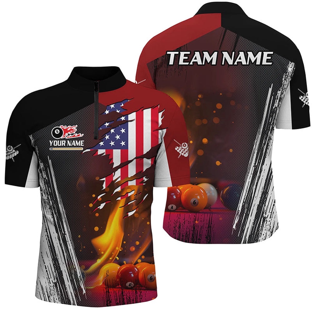 Patriotic Us Flag Billiard Balls Fire Flame Custom Billiard Team Jerseys, Personalized Billiard Team Jersey Shirt
