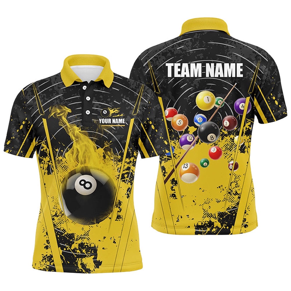 Personalized Black Yellow 8 Ball Pool Flame Paint Polo Shirts Custom Billiard Polo Attire, Personalized Billiard Polo Shirt Personalized Black Yellow 8 Ball Pool Flame Paint Polo Shirts Custom Billiard Polo Attire, Personalized Billiard Polo Shirt