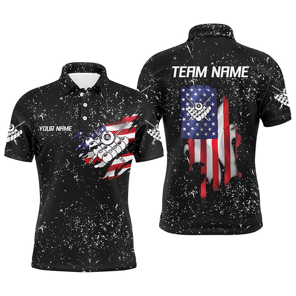 Personalzied US Flag 8 Ball Pool Black Grunge 3D Polo Shirts, Custom Billiards Polo, Personalized Billiard Polo Shirt