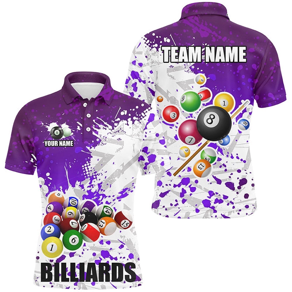 Purple Billiard Balls Paint Splash Billiard Shirts, 3D Billiard Polo Attire, Personalized Billiard Polo Shirt